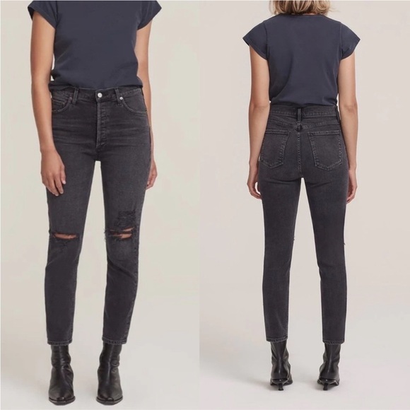 Agolde Black Nico High Wasted Ripped Knee Button Fly Slim Jean Distressed - Picture 2 of 16